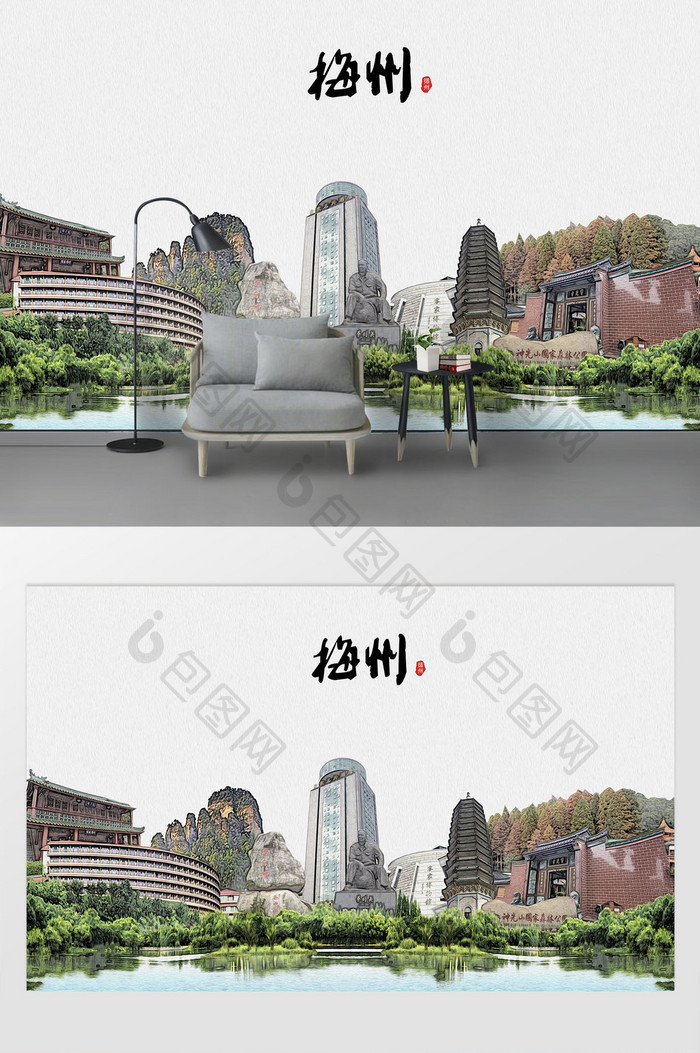 现代简约素描油画梅州市城市剪影背景墙