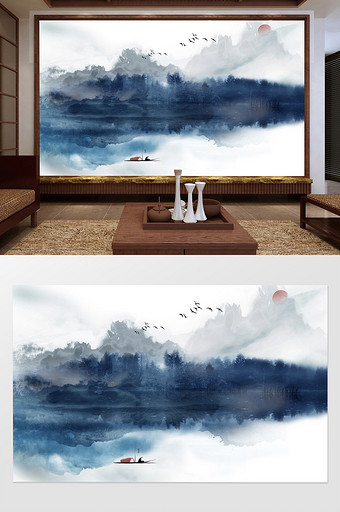新中式泼墨蓝色水墨山水远山倒影背景墙图片