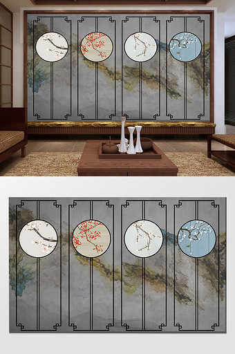 新中式手绘工笔花鸟背景墙现代装饰画图片