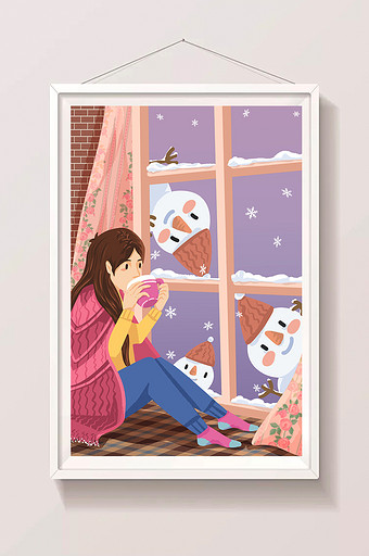 你好十二月唯美窗边雪人插画图片