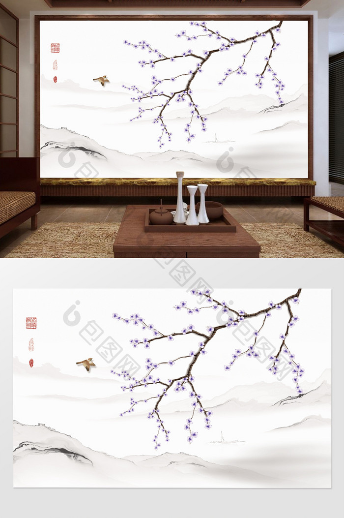 海棠花新中式手绘工笔花鸟电视背景墙装饰画