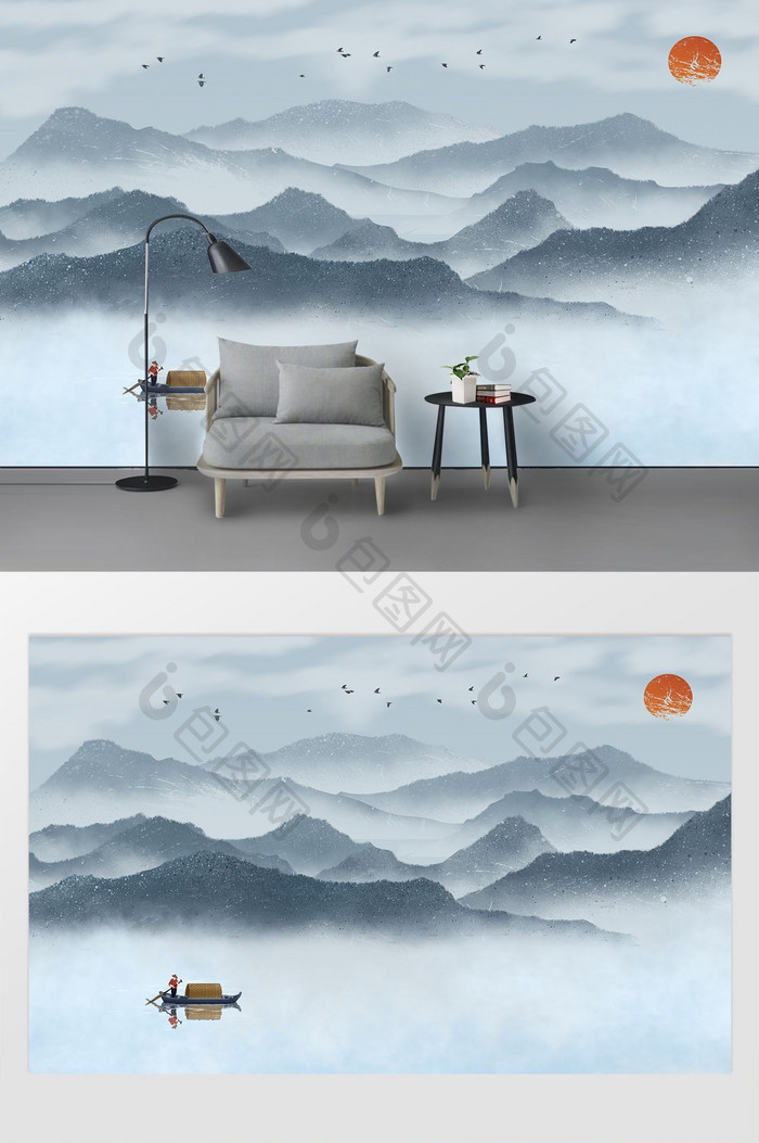 中式蓝色水墨云雾小山河流背景墙
