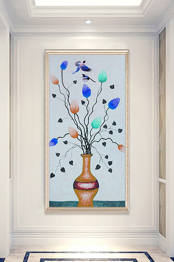 现代水彩油画花卉花瓶飞鸟玄关装饰画图片