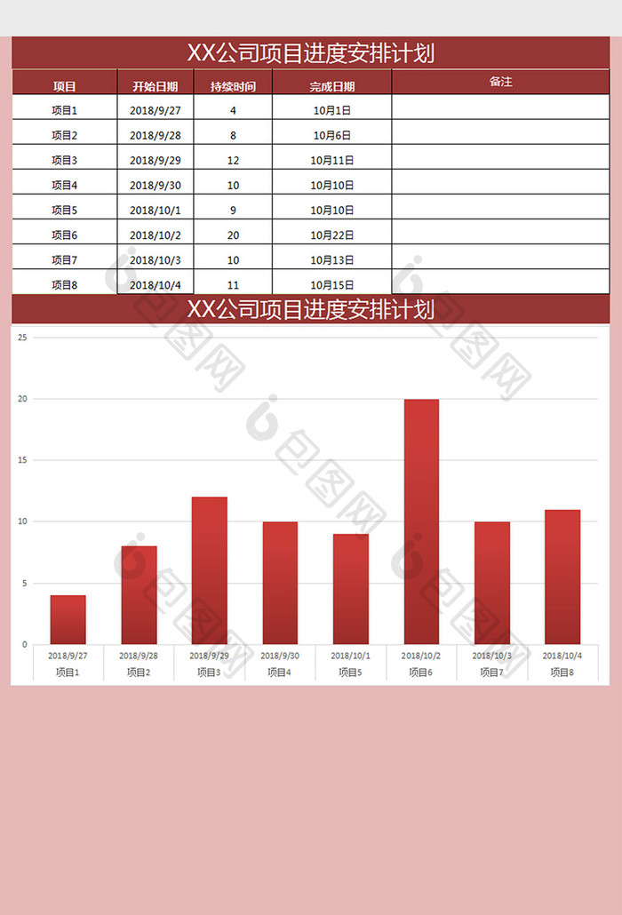 XX公司项目进度安排计划Excel模板