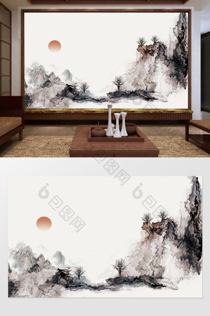 新中式写意水墨山水抽象画电视沙发背景墙