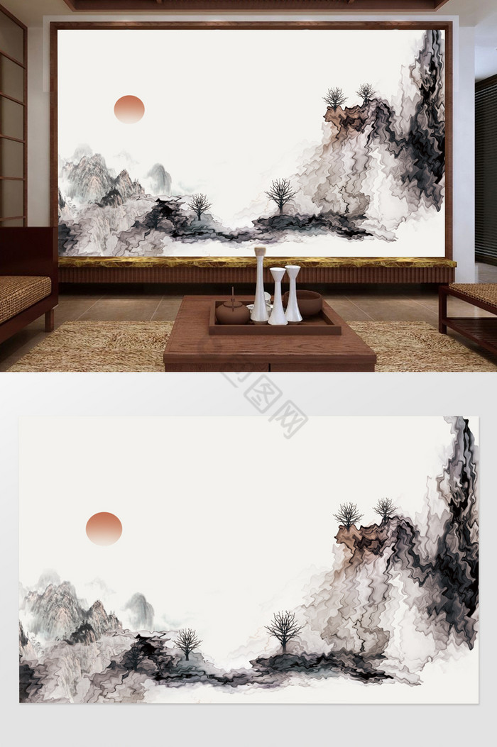 新中式写意水墨山水抽象画电视沙发背景墙图片