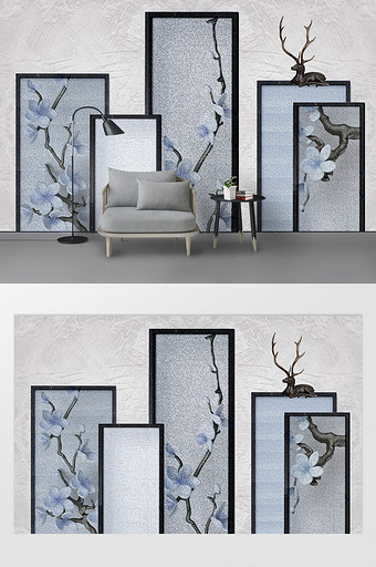 现代意境屏风式蓝色唯美花枝浮雕小鹿背景墙图片