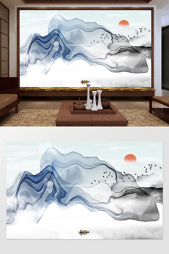中国风抽象唯美水墨山水电视背景墙定制图片