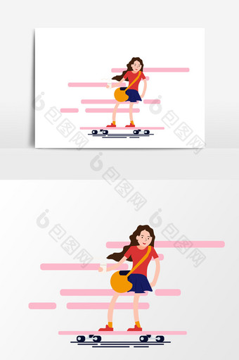 卡通女孩滑板矢量元素图片