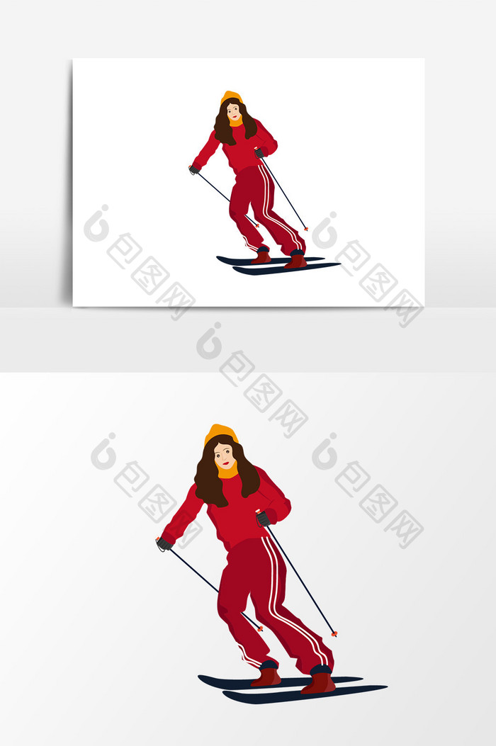 卡通滑雪女孩红衣服矢量元素