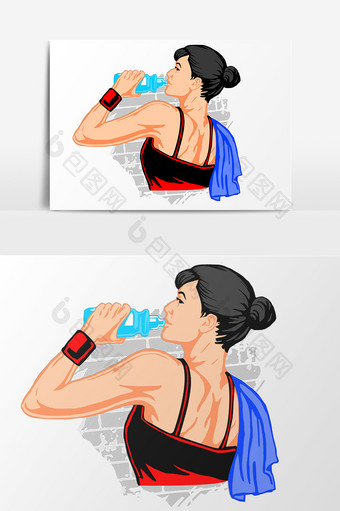 卡通女生喝水矢量元素图片