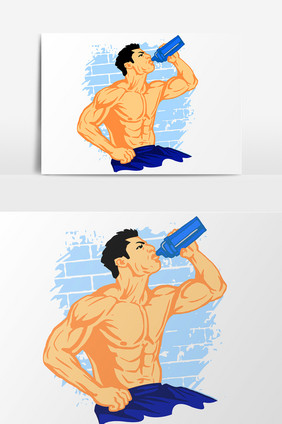 卡通男生喝水肌肉男矢量元素