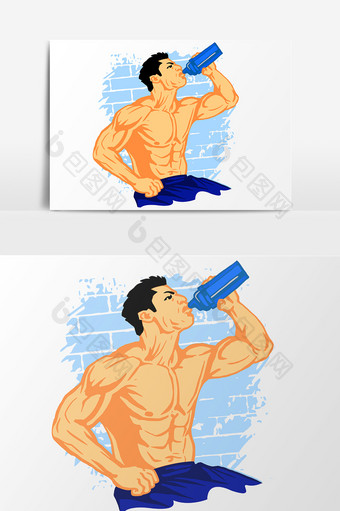 卡通男生喝水肌肉男矢量元素图片