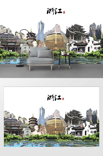 现代简约素描油画浙江省城市剪影背景墙图片