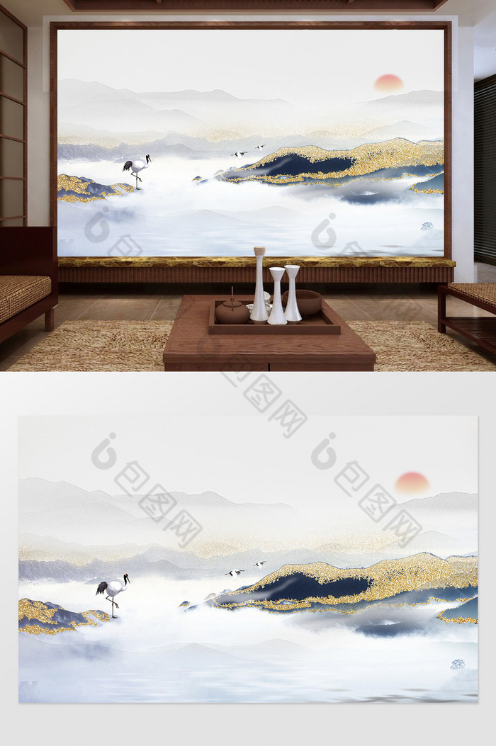 新中式金色山峦飞鹤夕阳定制背景墙图片图片