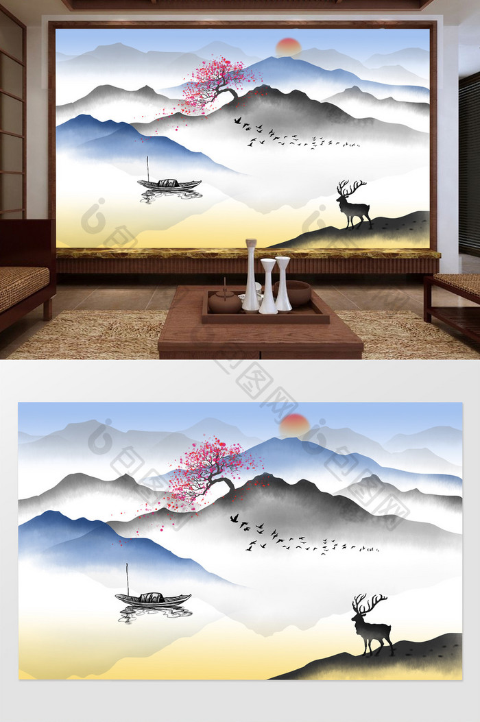 新中式水墨抽象山水背景墙