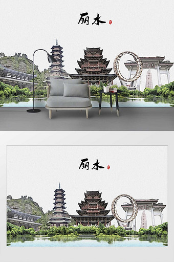 现代简约素描油画丽水市城市剪影背景墙图片