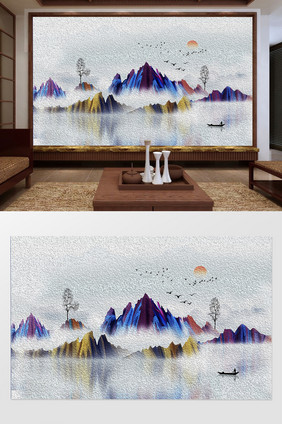 新中式水墨彩虹山背景墙