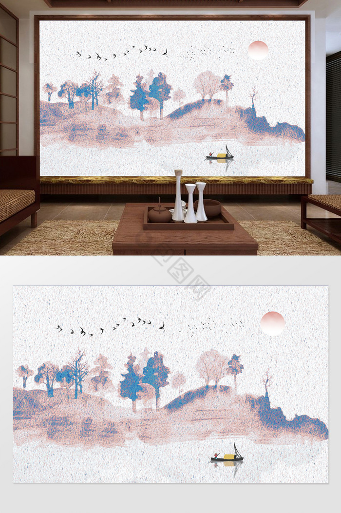 新中式抽象创意山水背景墙定制图片