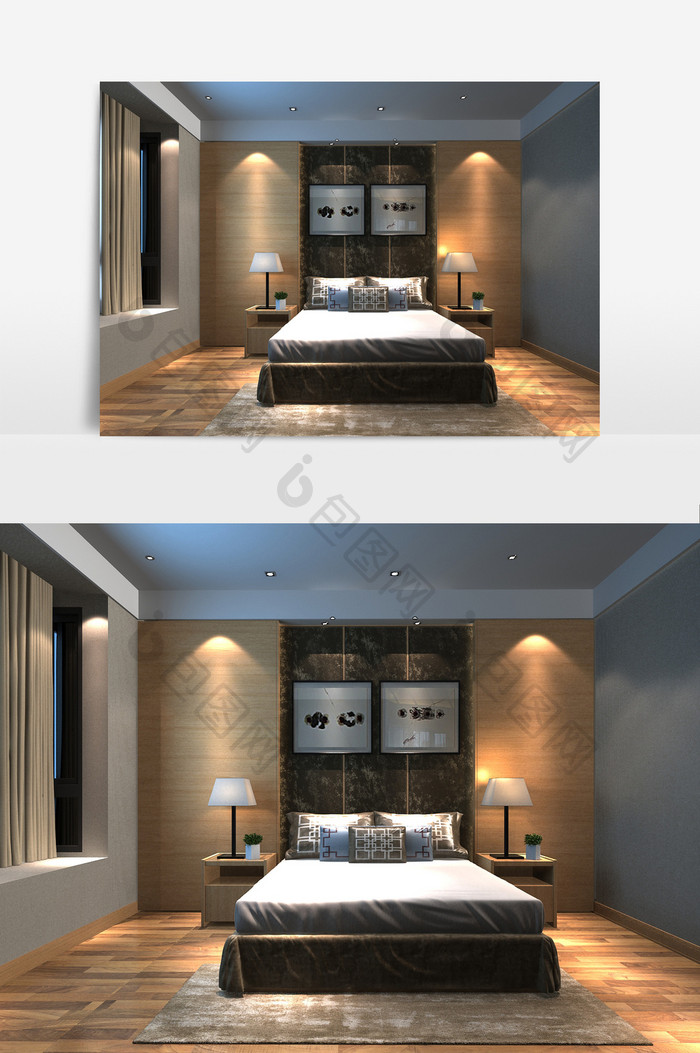 中式现代卧室家具组合模型