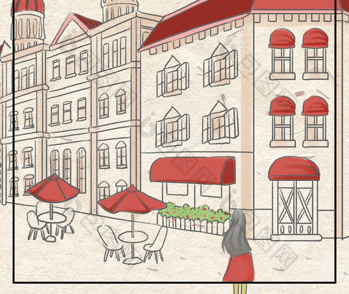 红色清新建筑街道手绘插画世界建筑手机配图