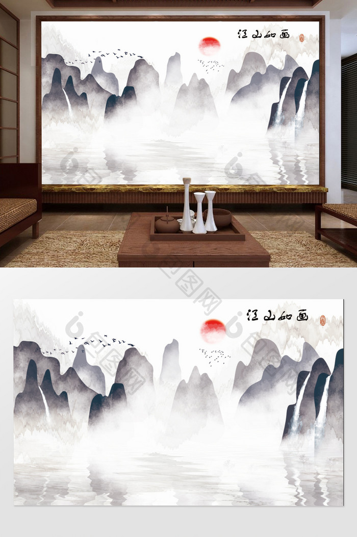 新中式爵士白大理石纹抽象线条山水麋鹿背景