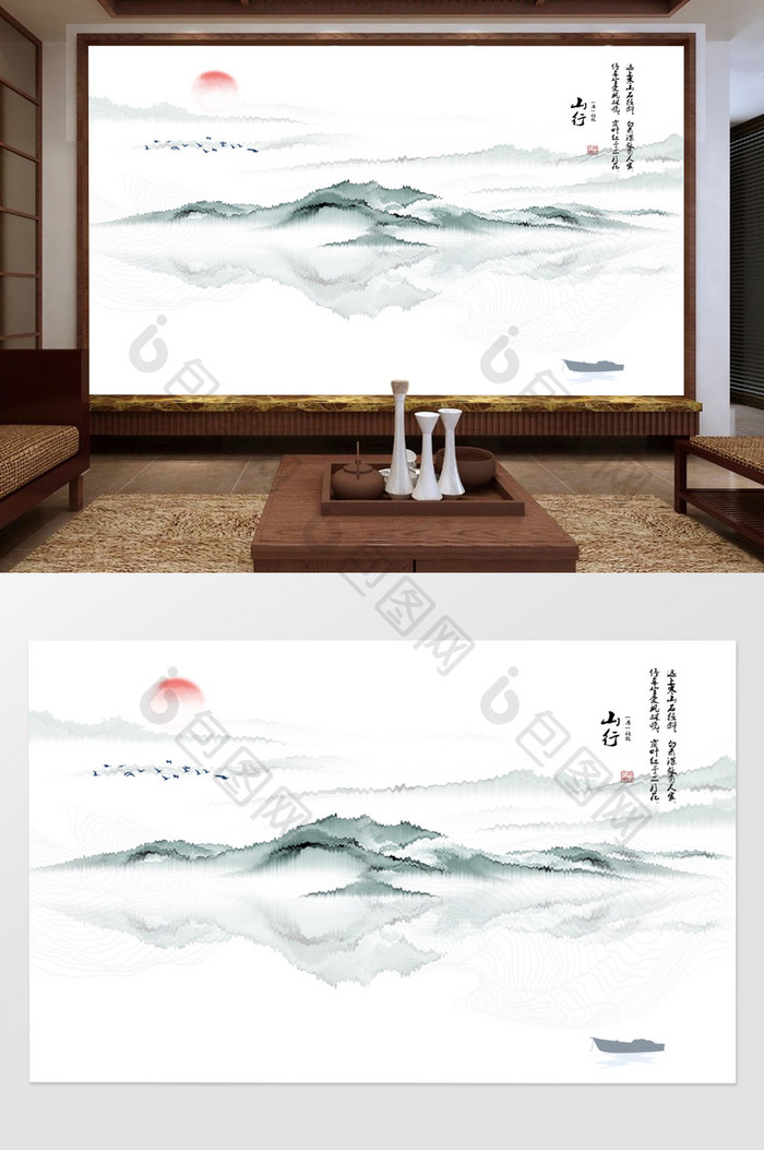 新中式手绘抽象线条白大理石纹电视背景墙