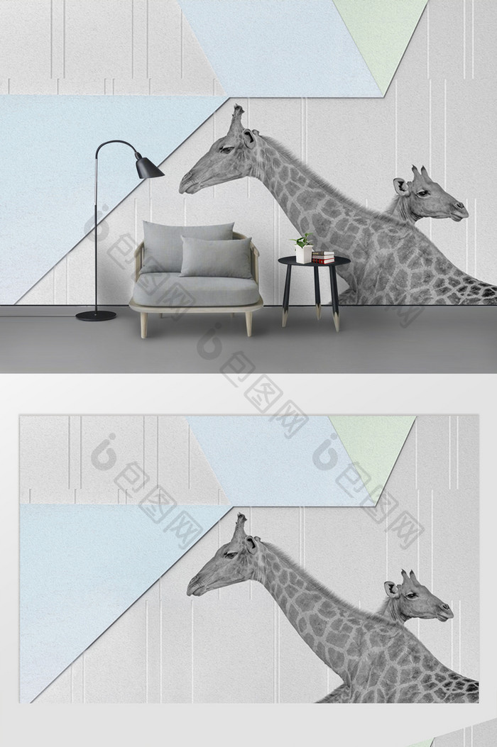 现代手绘拼接图案条纹长颈鹿电视背景墙