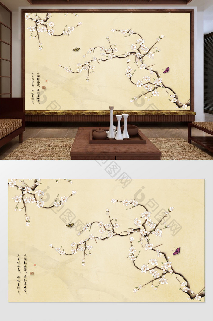 新中式手绘工笔花鸟新中式背景墙装饰画