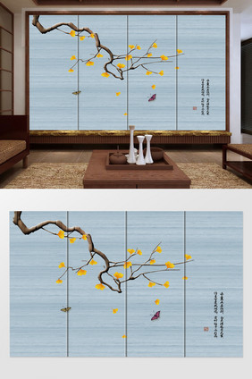 手绘银杏工笔花鸟新中式背景墙