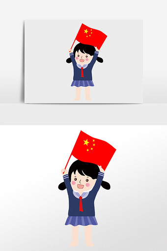 可爱卡通国庆节学生手举国旗插画背景人物