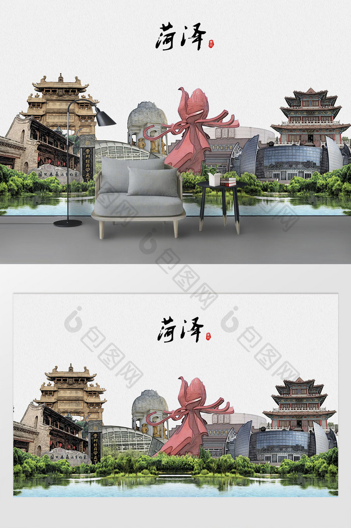 现代简约素描油画菏泽市城市剪影背景墙