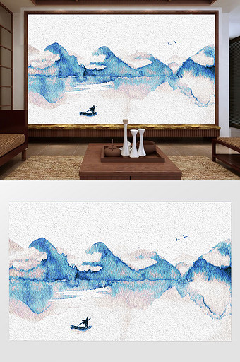 新中式蓝色水墨山水倒影云雾背景墙定制图片