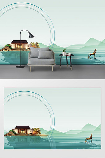 新中式水墨山水纯色电视背景墙装饰画图片
