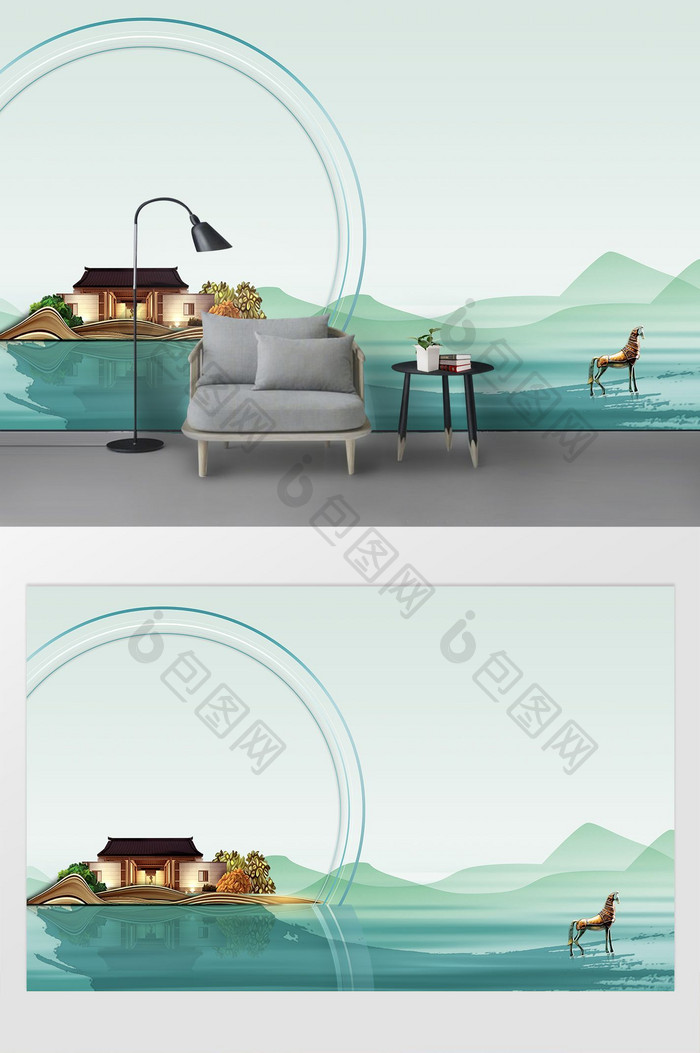 新中式水墨山水纯色电视背景墙装饰画