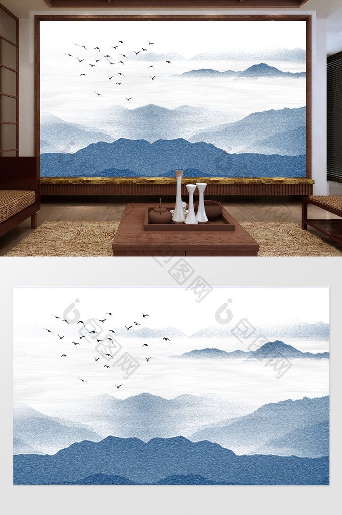新中式蓝色水墨山水飞鸟背景墙