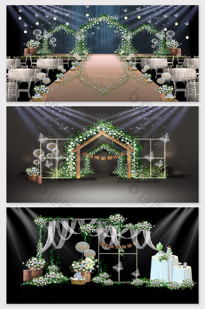 清新绿色森系拱门婚礼背景效果图