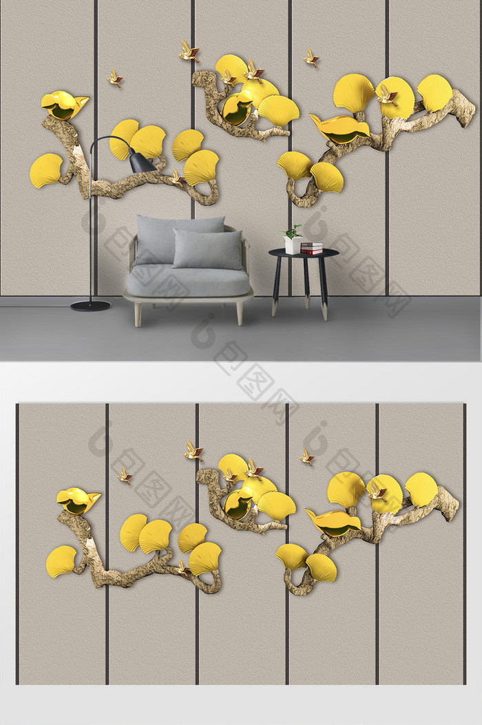 金色浮雕树枝时尚电视背景墙