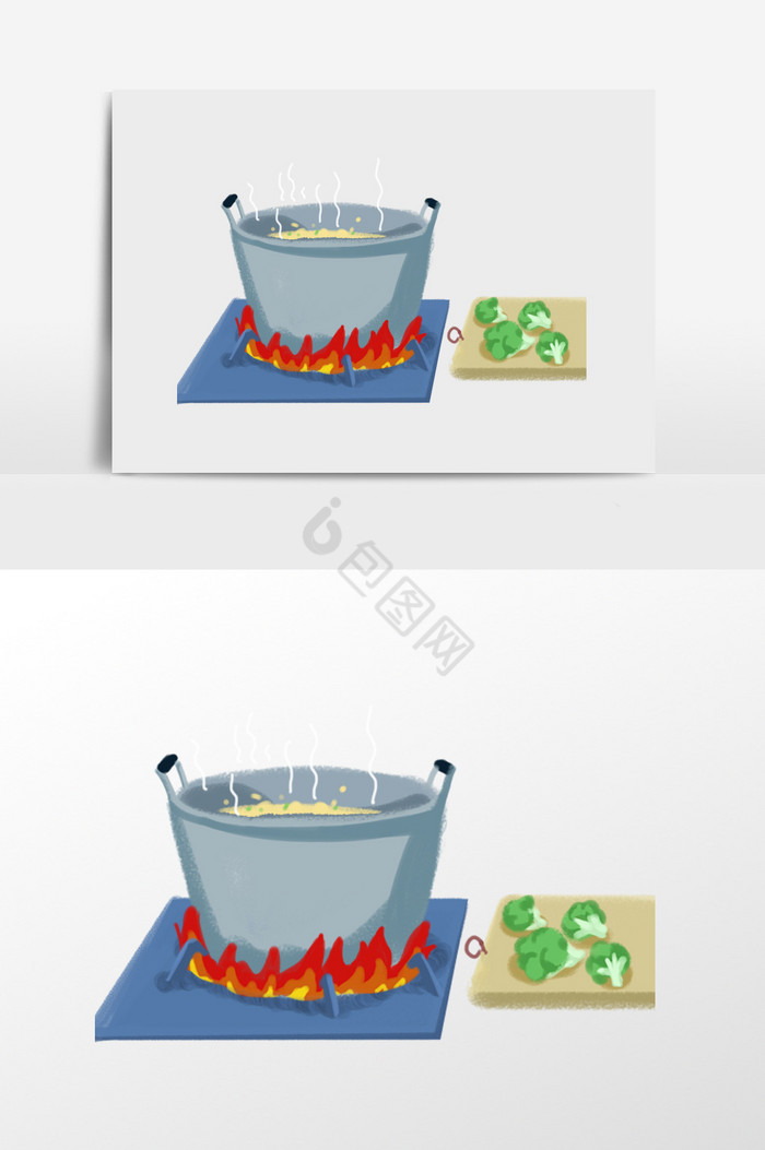 煮饭锅和案板生菜插画图片
