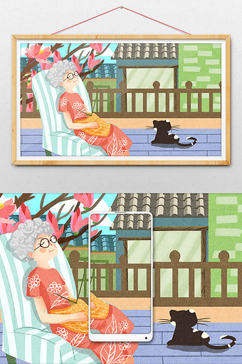 清新重阳节老年人与猫在阳台生活场景插画图片