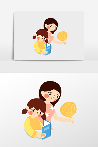 母亲为看书的女孩扇风插画元素图片