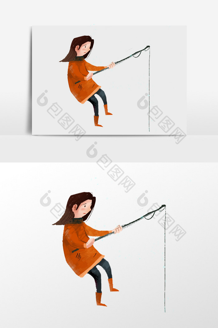 手绘钓鱼的女孩插画元素
