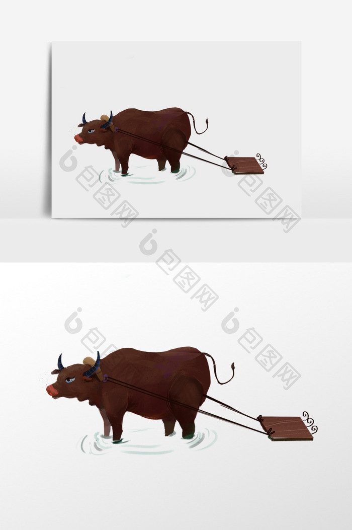 手绘拉东西的牛插画元素