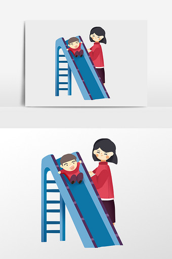 手绘母亲陪孩子玩滑滑梯插画元素图片
