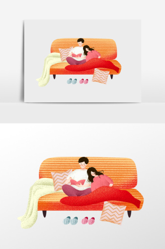 窝在沙发里的情侣插画元素图片下载