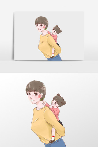 手绘妈妈背孩子插画元素图片下载
