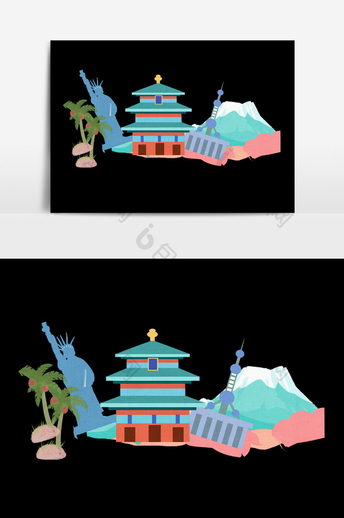 手绘旅游组合图标插画元素