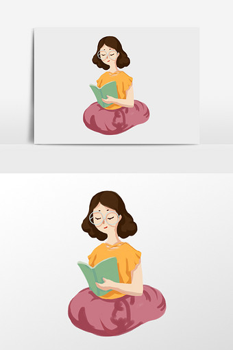 手绘戴眼镜看书的女孩插画元素图片