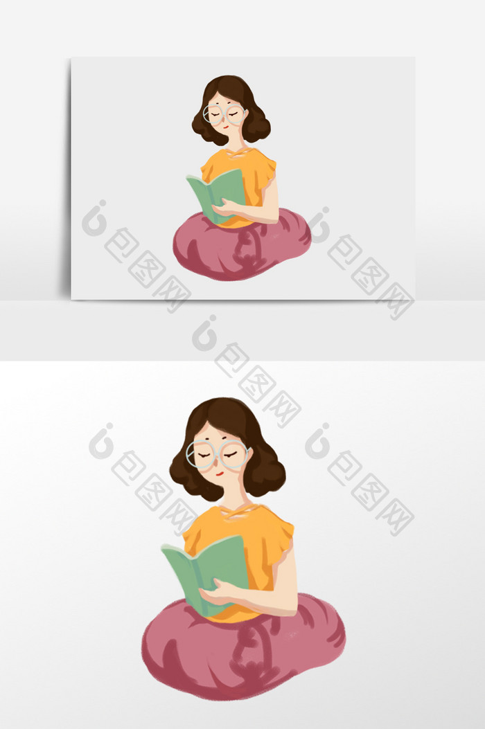 手绘戴眼镜看书的女孩插画元素