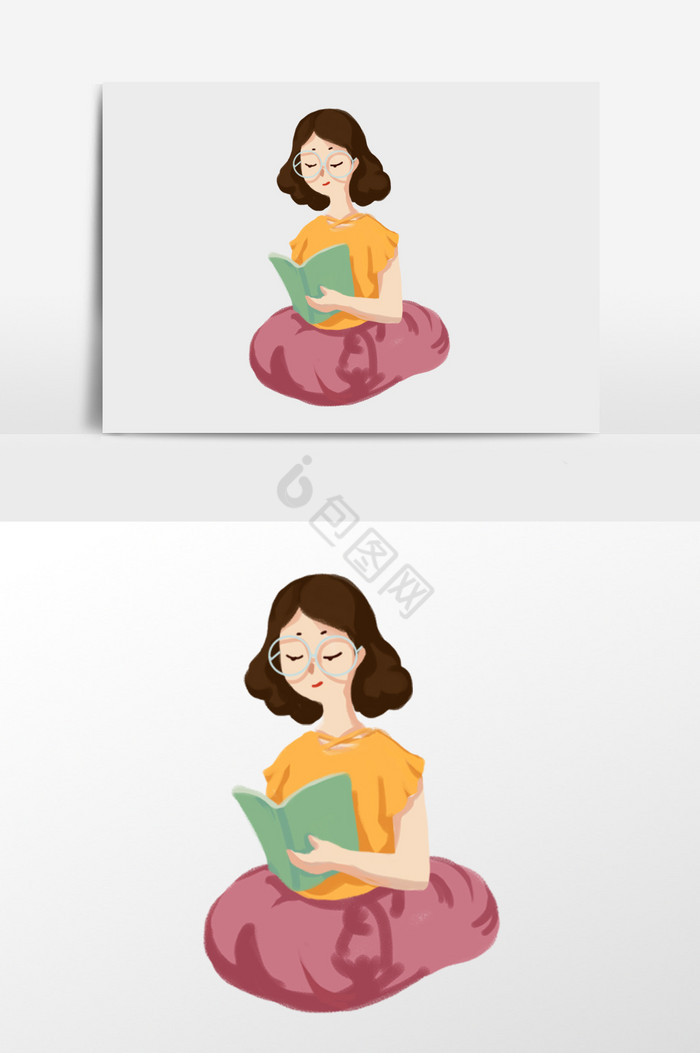 戴眼镜看书的女孩插画图片